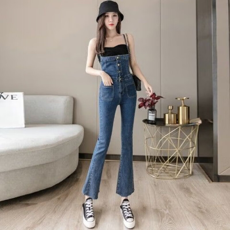 御仕達(dá)綁帶露背牛仔背帶褲女2025夏季高腰修身顯瘦九分喇叭褲潮ins 藍(lán)色 S