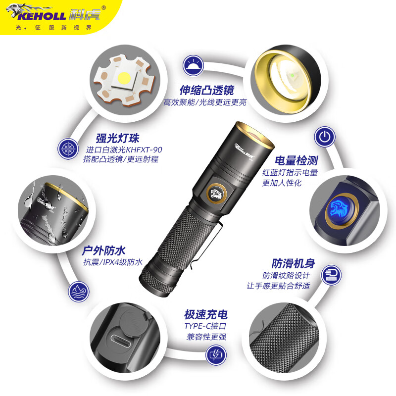 科虎超亮强光手电筒可充电远射户外露营应急防水伸缩变焦长续航LED灯 科虎DS51【锂电池*1】