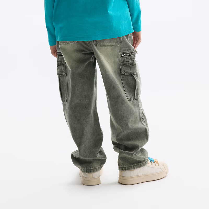 MQD 中大童时尚水洗工装裤 军绿