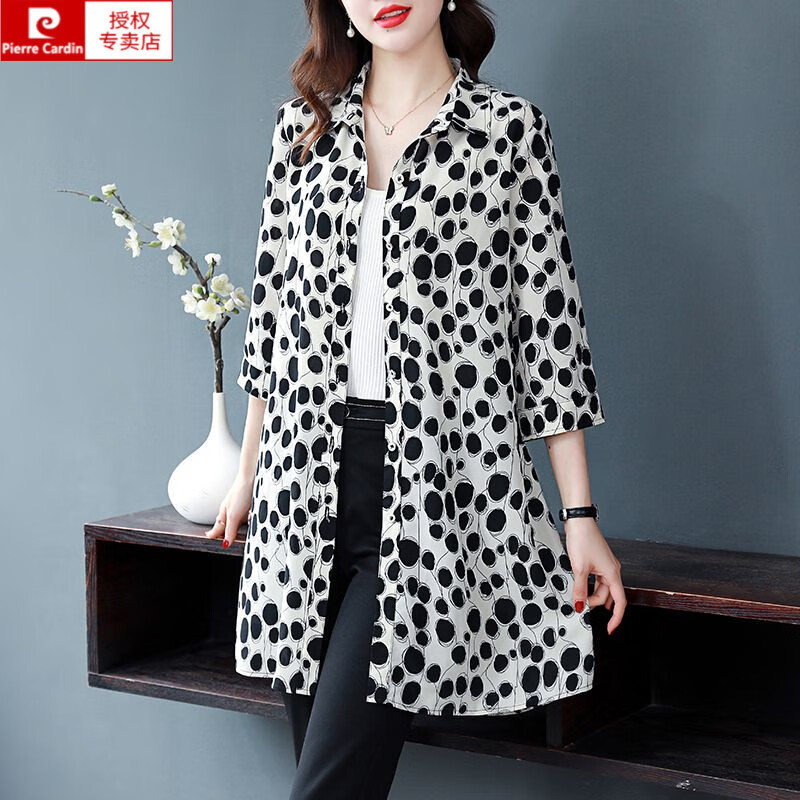 皮爾卡丹（pierre cardin）雪紡中長(zhǎng)款襯衫女士七分袖上衣夏季洋氣寬松大號(hào)中年媽m裝防曬衫 683-黑白點(diǎn)襯衫 M 建議80-100斤