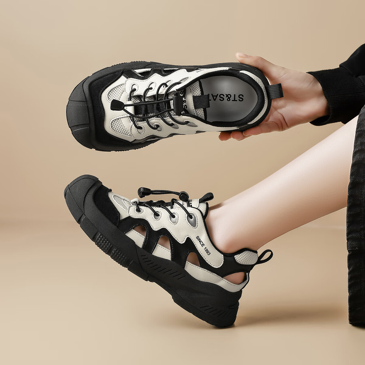 星期六星期六黑白拼色老爹鞋2025春季新款丑萌鞋休闲户外登山厚底运动鞋 黑色 36