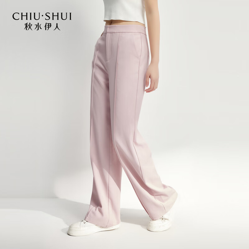 秋水伊人H型纱线织造阔腿裤型休闲裤2025春秋新款女休闲简约裤子 粉红 M