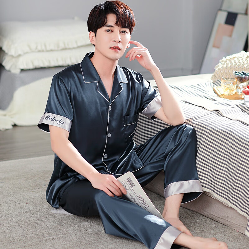 CATTYANDA 男士冰丝睡衣男春夏季短袖长裤薄款大码家居服套装 短袖纯色款-墨绿 3XL （165-185斤）