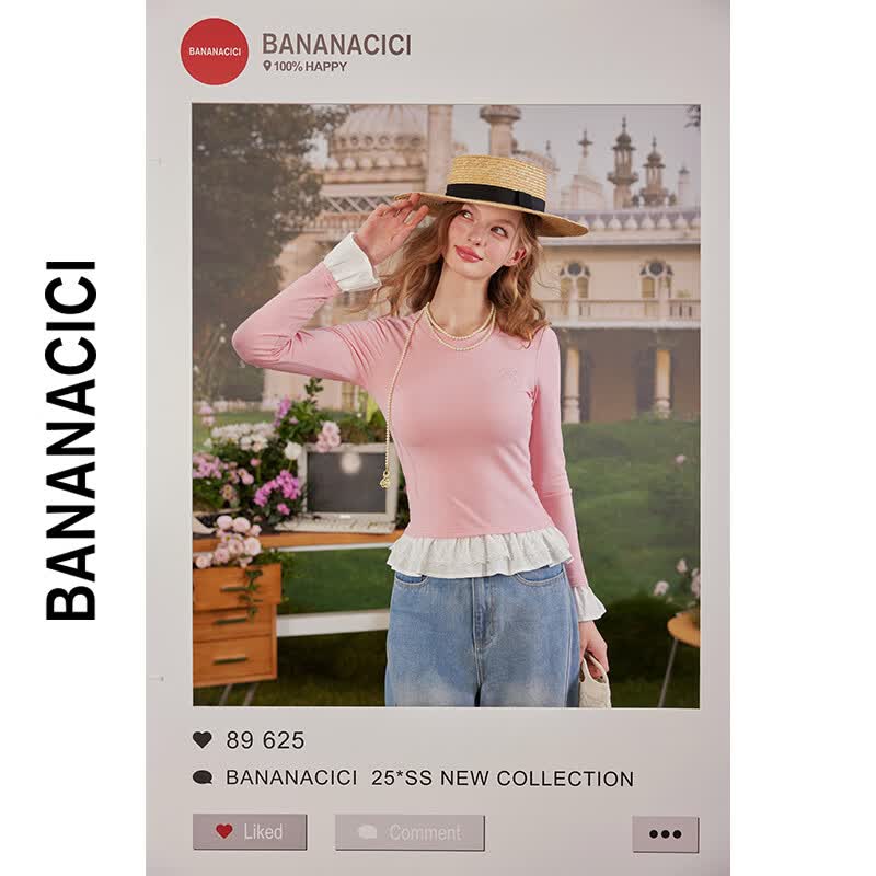 banana cici2025年春季新款法式蕾丝荷叶边修身内搭假两件长袖T恤C251TX513 粉红 M