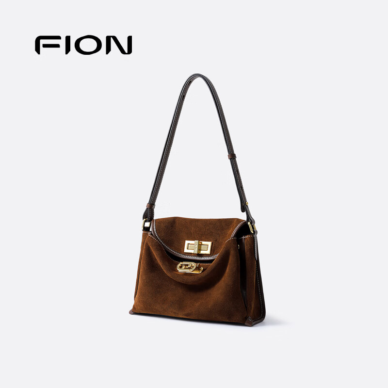 菲安妮(FION)2025新款女包双锁扣高级感托特包单肩包斜挎包圣诞礼物 反绒牛皮复古棕-中款