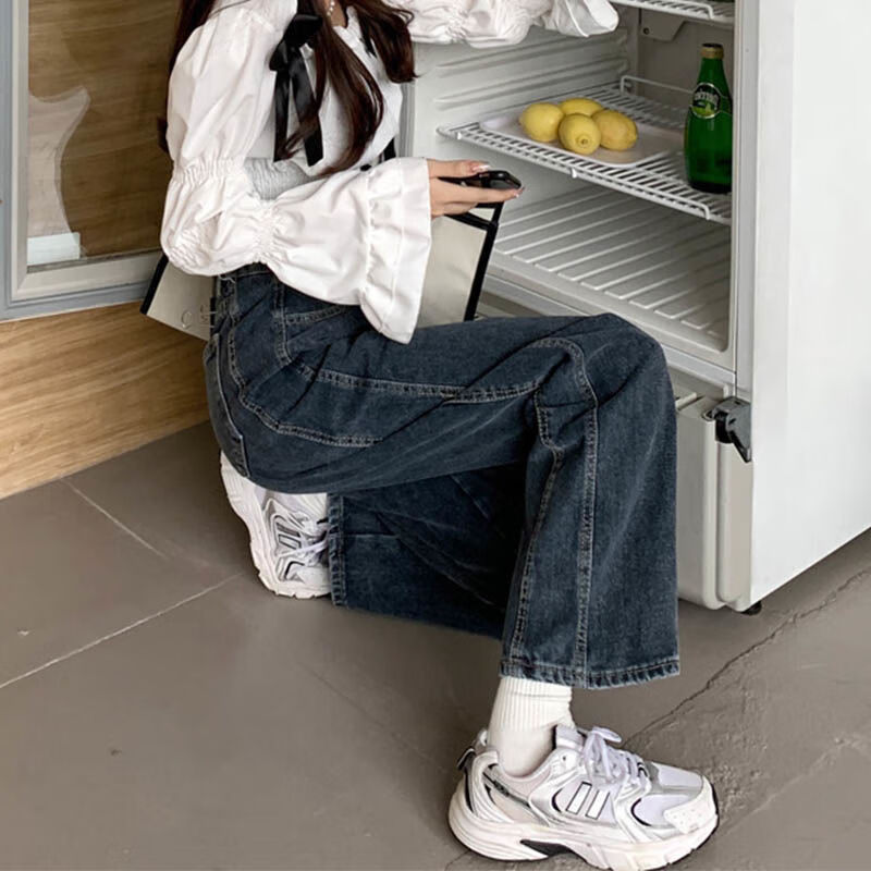 腿粗女生穿的裤子蓝灰色直筒牛仔裤胖女孩春季穿搭复古高腰显瘦小个子