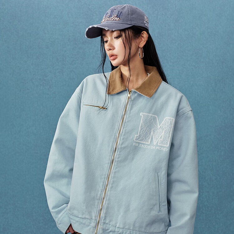 MEDM 蕾丝底特律休闲翻领夹克男女情侣潮流美式复古宽松外套春秋 蓝色 M