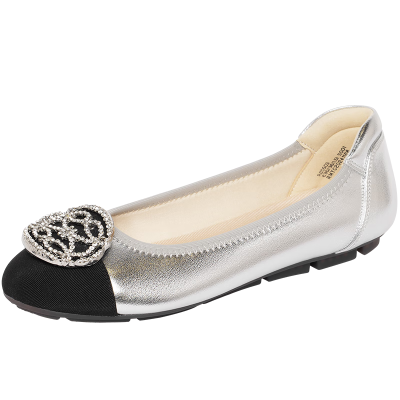 reemoorREEMOOR睿慕法式圓頭淺口單鞋2025秋季新款水鉆方扣平底鞋婚鞋 銀黑色 35