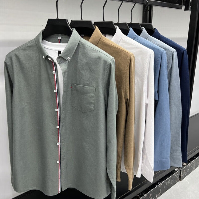 TOMMY JEANS汤米希凯利男士衬衫春秋季休闲全棉免烫口袋商务长袖衬衣男装上衣 绿色 4XL 58190 210斤