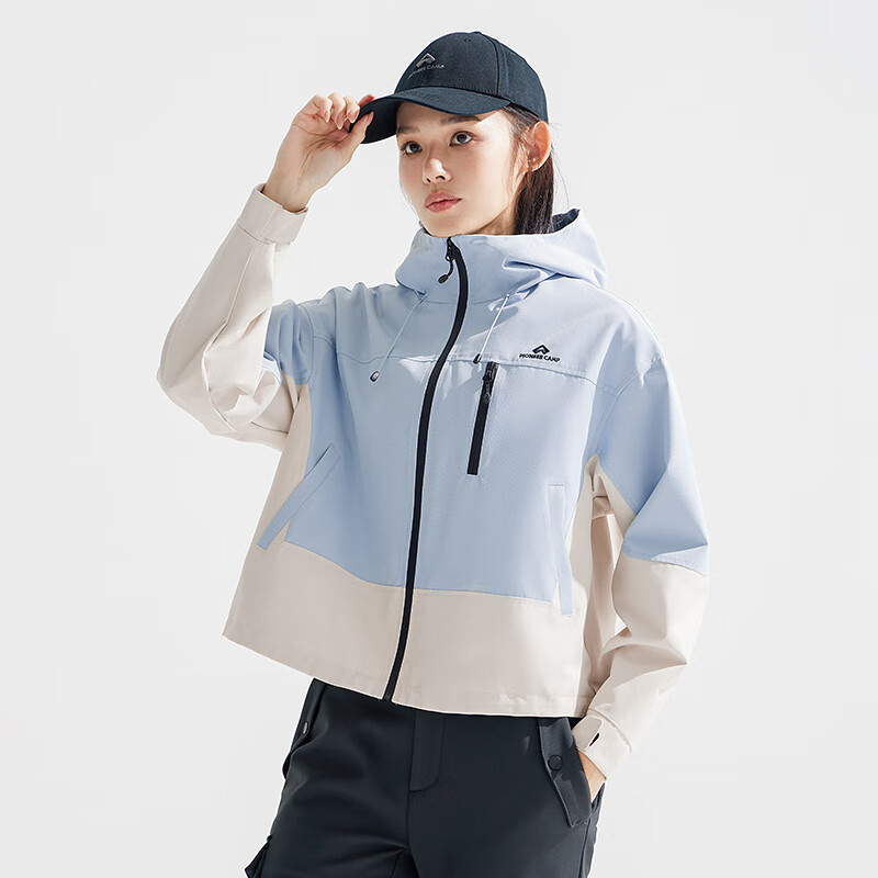 拓路者美式宽松三防连帽夹克外套女户外运动防风春季新款休闲软壳衣短款 蓝色 M