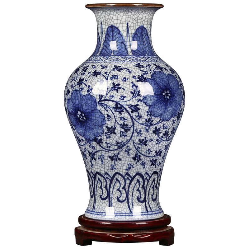 傲世景德鎮(zhèn)陶瓷器仿古中式青花瓷花瓶工藝品客廳擺件博古架辦公室裝飾 大手繪官窯裂紋魚尾瓶+底座+證書