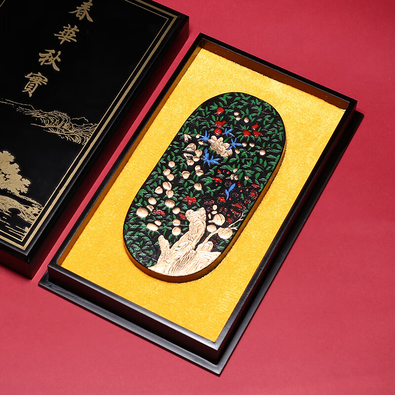 维新非遗徽墨 1986年制墨模清代老墨版《春华秋实》胡开文收藏老墨块 文房四宝墨条礼盒徽墨艺术品礼物