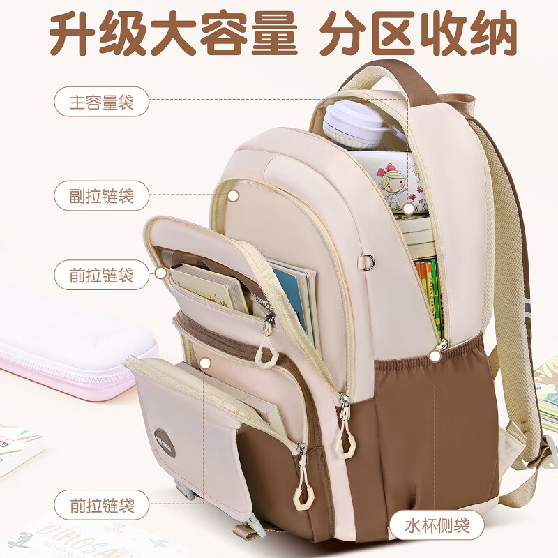 智多宝初中生书包女生高中学生超大容量背包女小学生3-6年级轻便双肩包 中号粉色(送挂饰+手表+套尺)