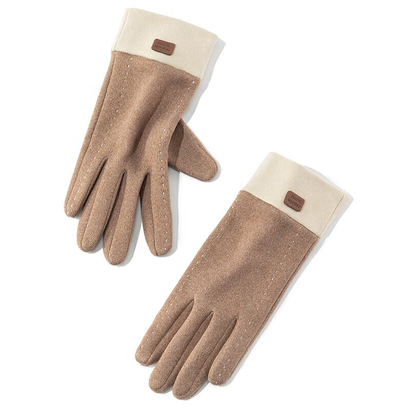 达芬奇密码 秋冬季开车可触屏加绒保暖防风防寒手套女 白线 卡其 均码