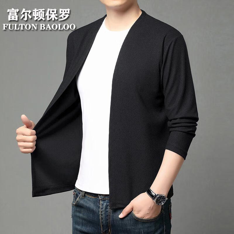 FULTON BAOLOO 富尔顿保罗男士开衫2025年春秋季纯色简约外套男装中青年时尚休闲百搭毛衣服 黑色 M (165) (建议100到120斤穿)