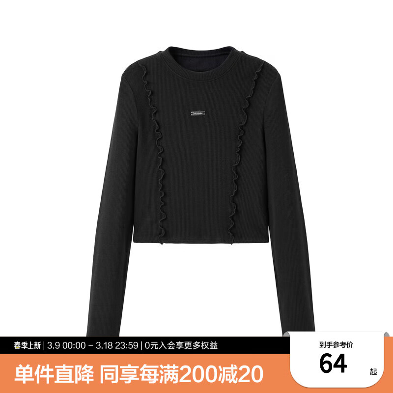 乐町纹理感圆领长袖冬季新款修身T恤C2CPD4509 黑色 S