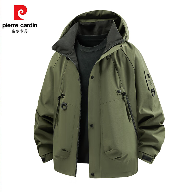 皮尔卡丹户外冲锋外套男春秋新款跑步外套防泼水夹克登山服男开衫连帽上衣 黑色 4XL