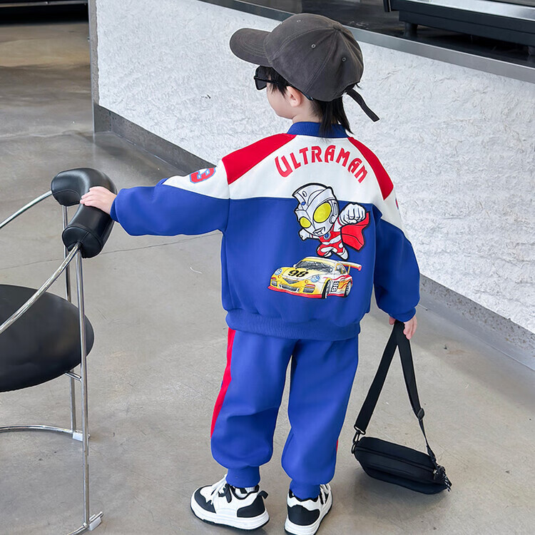G.duck联名奥特曼衣服男童套装春秋2025新款拼接连帽儿童卫衣裤子两件套 奥特曼机车服藏青 110 （建议身高100cm 4-5岁）cm