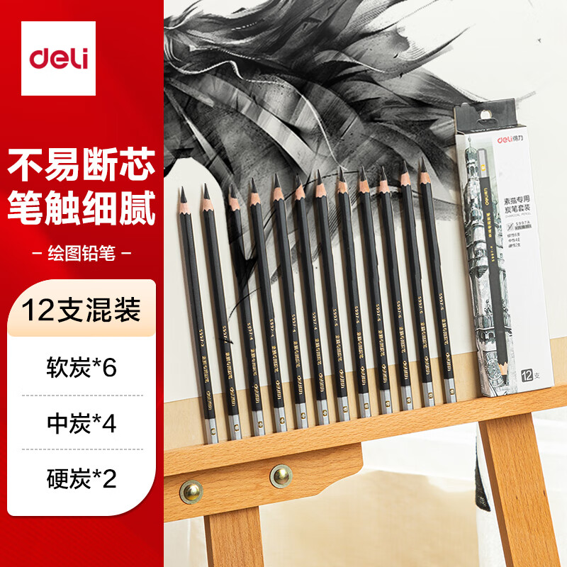 得力（deli）素描炭笔初学者碳笔软中硬三种硬度绘画美术生专用12支/盒S997A涂鸦划线热门商品