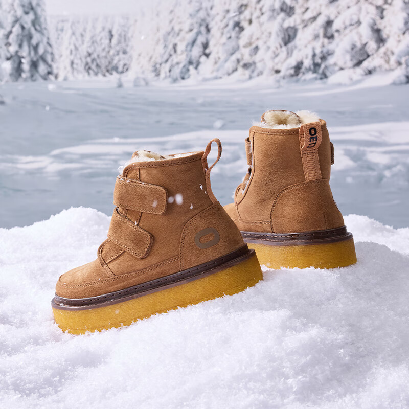 OETZI冰人奥兹 雪地靴女冬季皮毛一体厚底棉鞋魔术贴保暖中筒靴 棕色T24340944 37