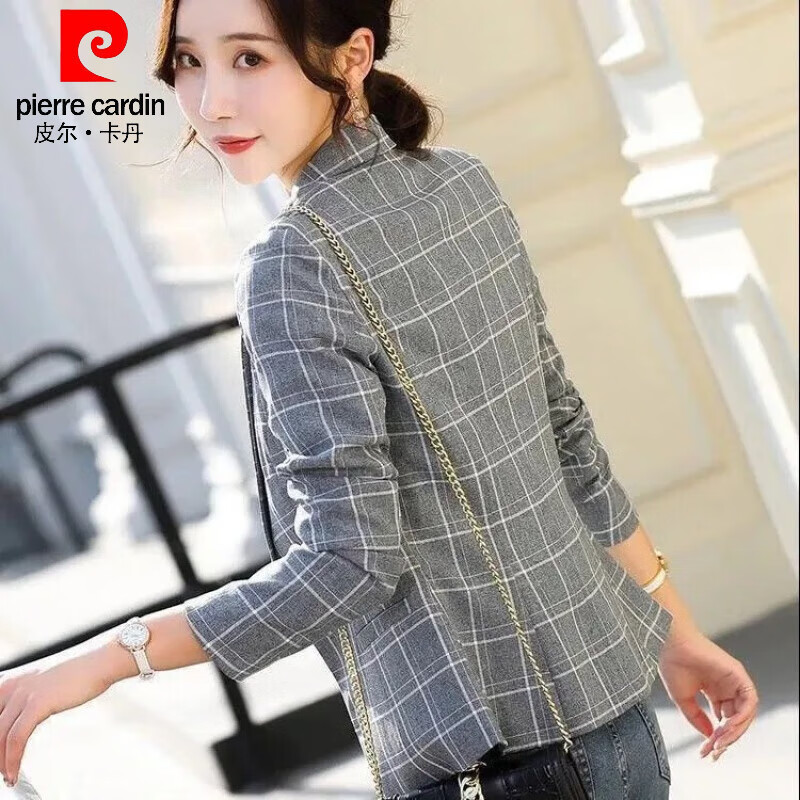 皮尔卡丹（pierre cardin）2026春秋装新款韩版短款修身百搭长袖西服格子小西装外套女上衣女 灰色格 3XL 【建议140-165斤】 京东折扣/优惠券