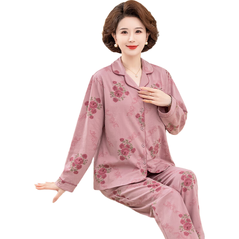 古今（GUJIN）中老年純棉睡衣女媽媽春秋家居服可外穿睡褲大碼套裝2XL