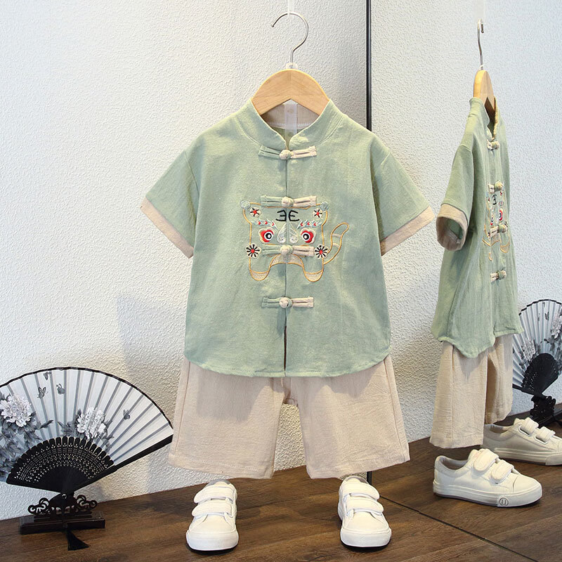 寬葉竹男童漢服夏套裝復(fù)古唐裝夏季古風(fēng)男兒童棉古裝薄款麻中國風(fēng) 小老虎套裝豆綠色 140 140