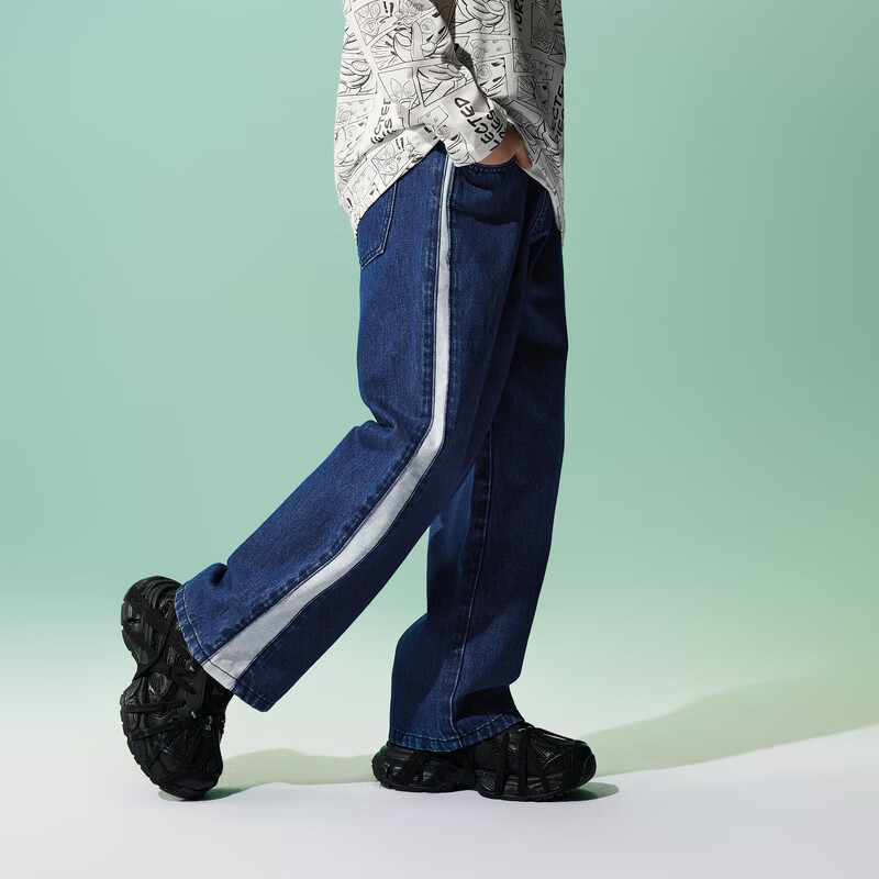 马骑顿（MQD）【国潮系列】男童裤子春秋季新款宽松直筒拼色儿童牛仔裤百搭 深牛仔蓝 130