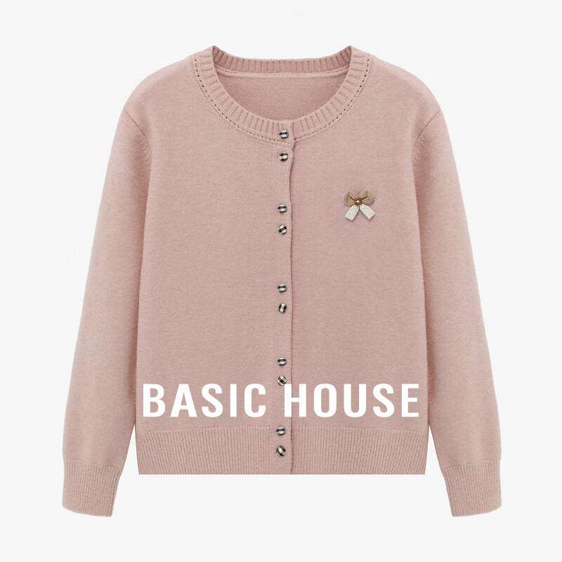 Basic House/百家好韩版宽松纯色开衫女春季新款百搭休闲毛衣外套 粉色 M
