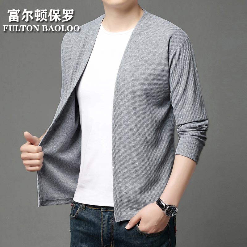 FULTON BAOLOO 富尔顿保罗男士开衫2025年春秋季纯色简约外套男装中青年时尚休闲百搭毛衣服 亚麻灰 L (170) (建议120到140斤穿)