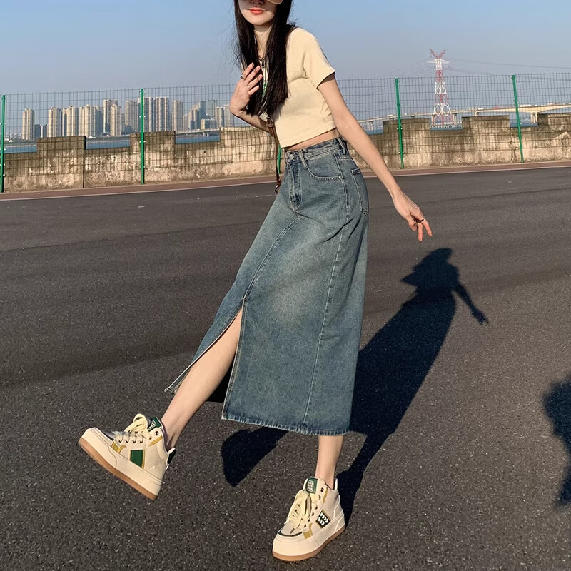 浪莎复古牛仔裙半身裙女新款a字高腰显瘦中长款小个子开叉长裙 复古蓝 【升级前开叉款】 L 【推荐105-115斤腰围72CM】
