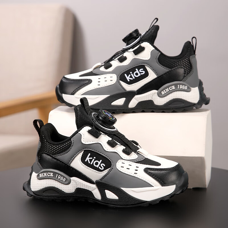 贝天熊儿童运动鞋男中大童2025年春秋款校园学生女童跑步鞋革面防水减震 BRH0079黑白【春秋革面】 37 内长23.5/脚22.5