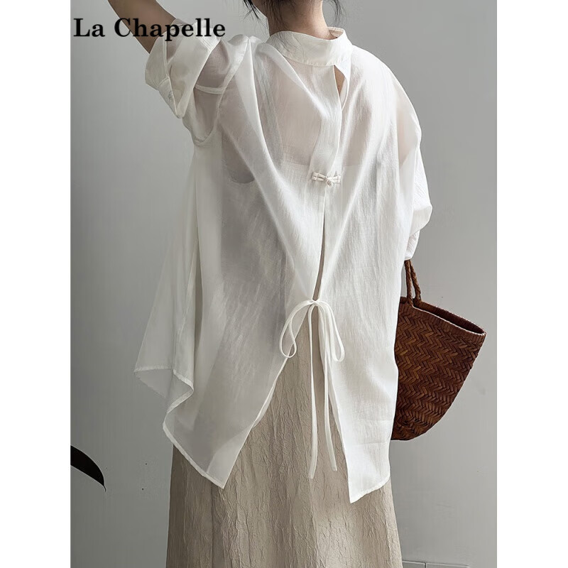 拉夏貝爾（La Chapelle）后背盤扣天絲襯衫女夏薄紗2025春裝透視露背開叉上衣吊帶外搭開衫 白色 (米白色) L -105-120斤