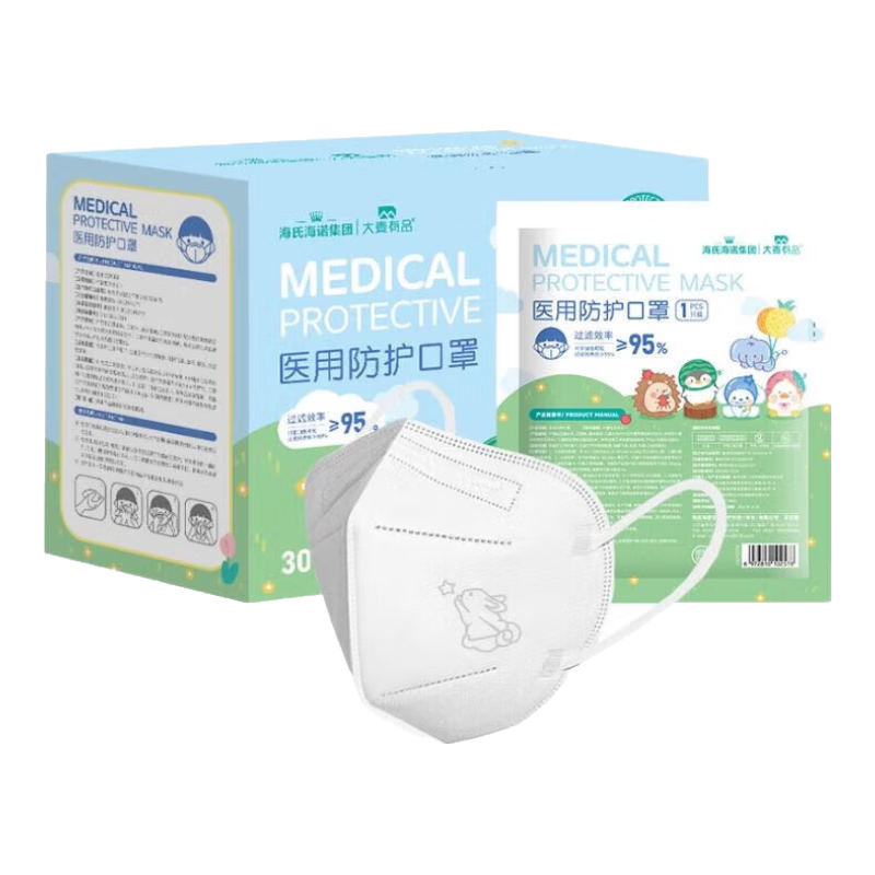 海氏海諾兒童N95級醫用外科防護口罩雙層熔噴布獨立包裝防塵防護口罩 【3-8歲】卡通N95級30只*2盒