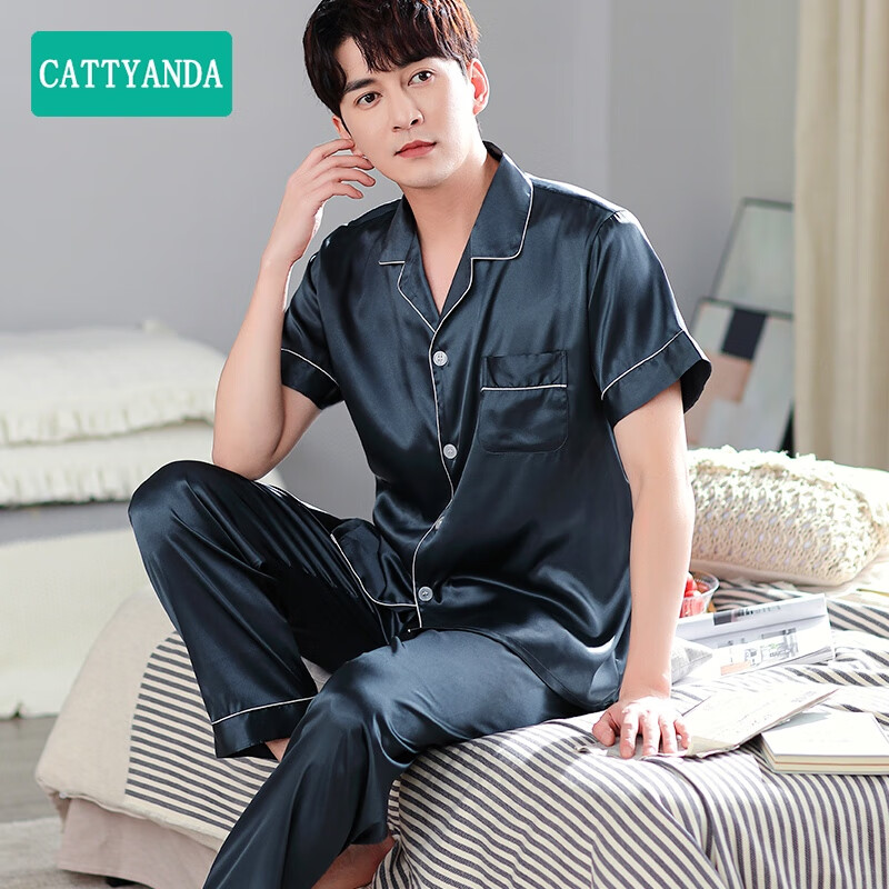 CATTYANDA 男士冰丝睡衣男春夏季短袖长裤薄款大码家居服套装 短袖纯色款-墨绿 3XL （165-185斤）