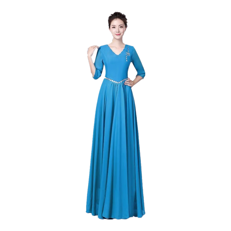 普戈斯合唱服長裙成人大合唱服裝演出服女國慶大擺裙中老年舞臺服裝禮服 天藍色【大合唱】 3XL