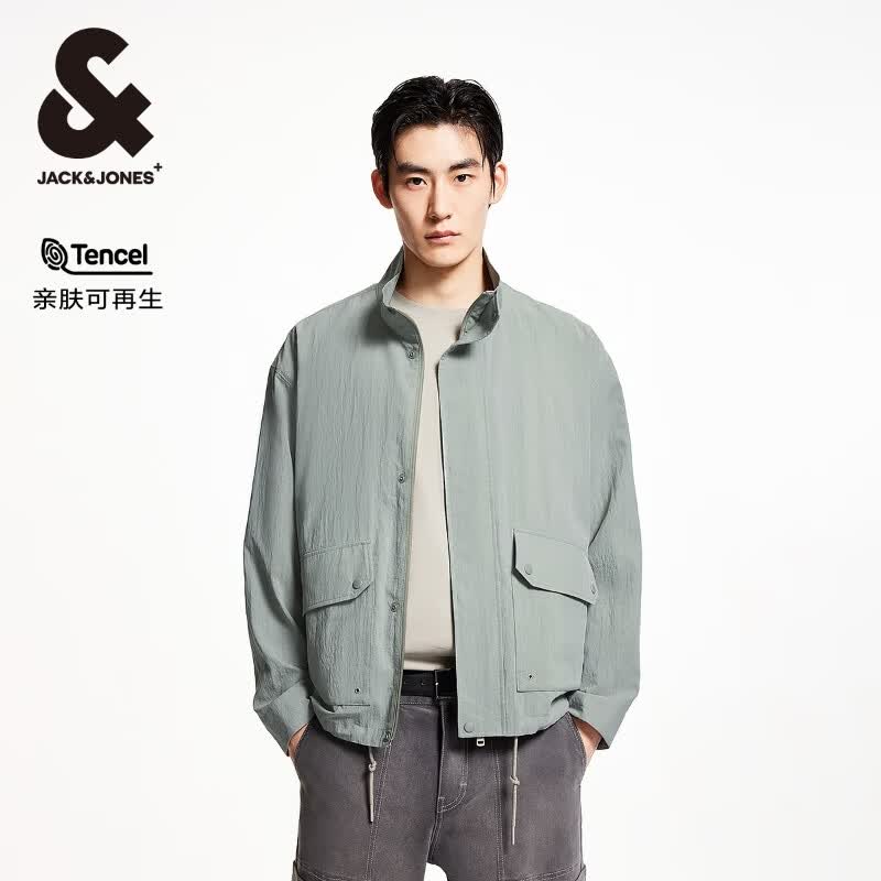 杰克·琼斯（JACK&amp;JONES）背部肌理感胶印logo潮百搭长袖多口袋立领夹克外套男装225221012 E02鼠尾草色 L