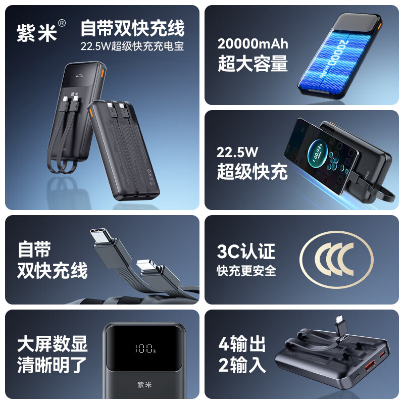 紫米3c认证充电宝自带线20000毫安大容量可上飞机22.5W超级快充苹果PD20W小巧便携适用华为小米手机 【20000mAh】自带线22.5W快充|白