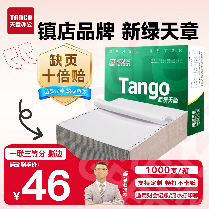 天章 （TANGO）新绿天章打印纸 一联三等分针式打印纸 撕边电脑打印纸 出入库送货单打印 1000页241-1-1/3S(全白)