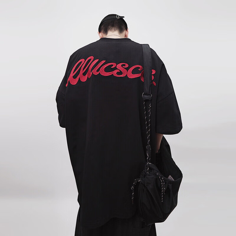 UUCSCC夏季嘻哈潮牌重磅短袖T恤宽松刺绣基础字母oversize五分袖 黑色 M  110-130斤
