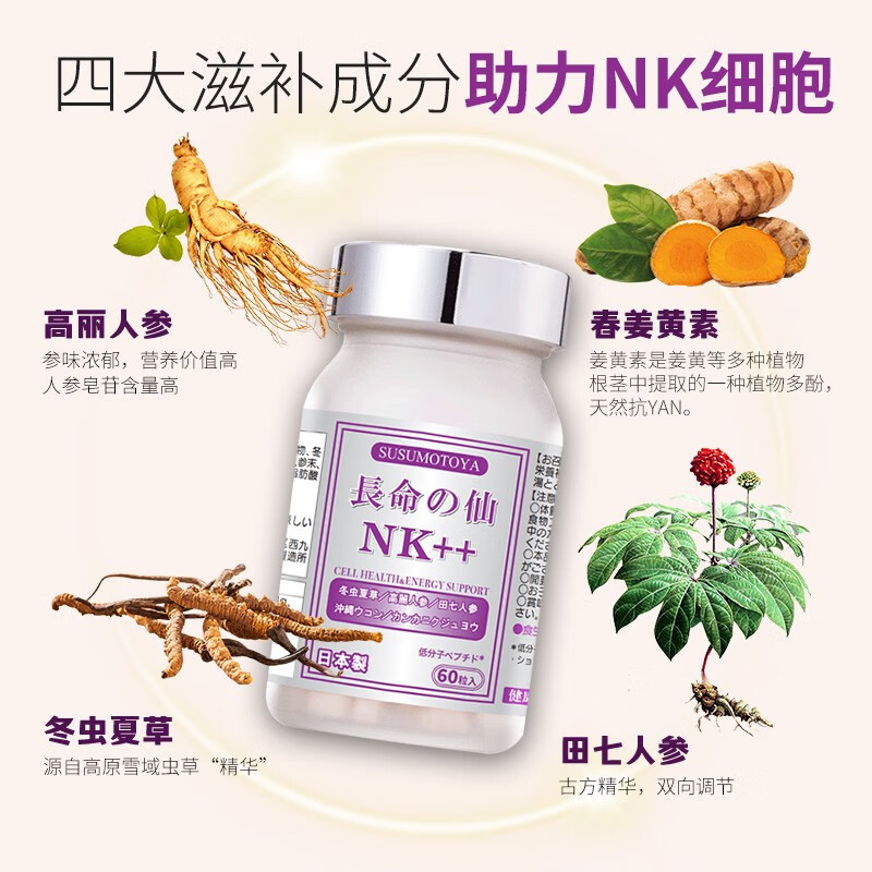 SUSUMOTOYA日本进口NK放化疗术后营养品冬虫夏草高丽田七人参增强免疫力60粒 【12瓶装送4同款】 60粒*12瓶 丨长效免疫