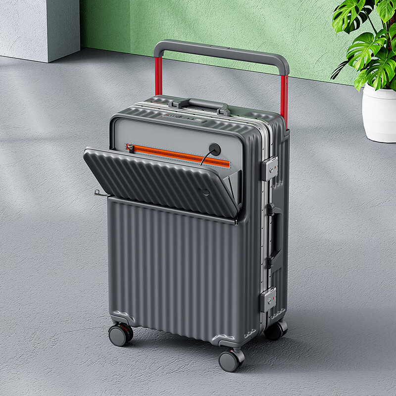 MCHNA KTCC宽拉杆铝框行李箱多功能拉杆箱PC材质旅行箱出差登机箱学生密码箱 星空灰 卡扣 【充电口+杯架+挂钩】 20英寸 【短途出行】可登机