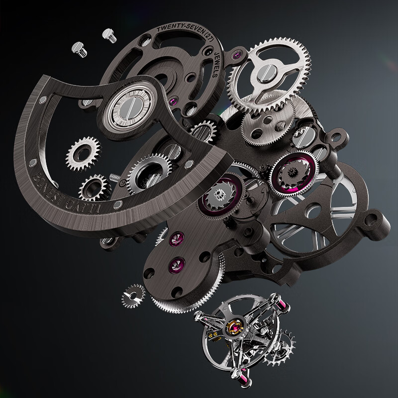 布加迪（BONEST GATTI）德国水晶陀飞轮机械防水夜光运动男士镂空腕表情人节送男友礼物 BG7002-G1银壳白面玻璃带