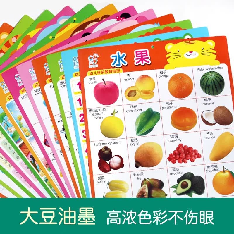 幼儿学前教育挂图(共17张)双面34页婴幼儿早教启蒙挂图认知认物书 宝宝看图识字拼音挂画 家庭早教认知墙贴