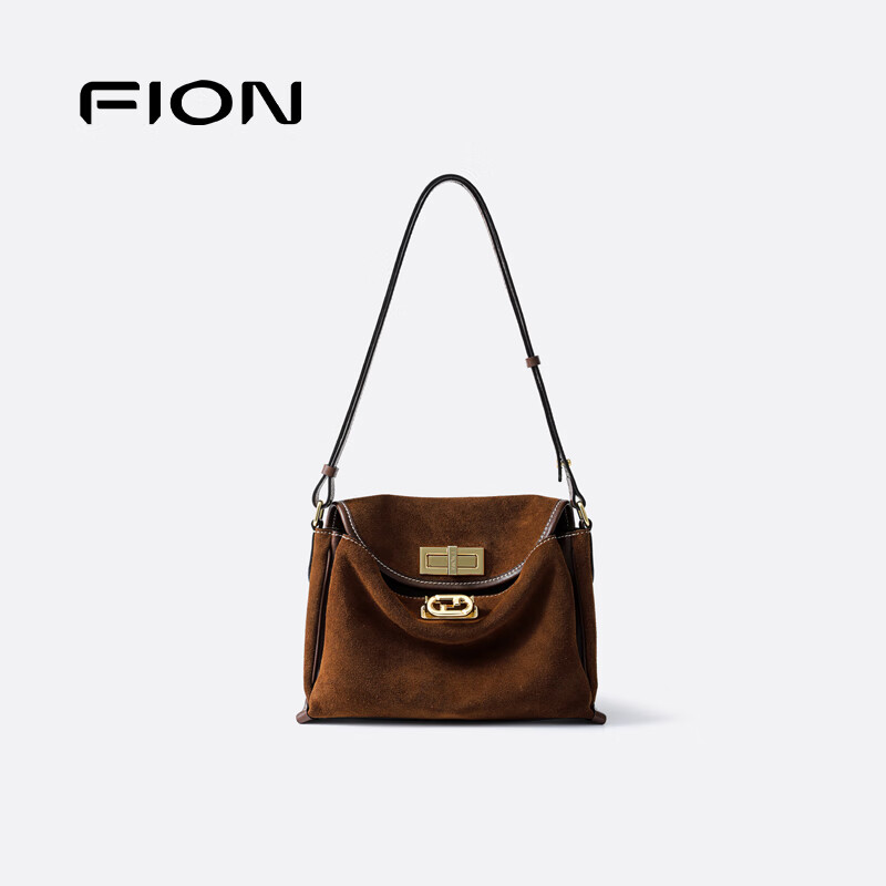 菲安妮（FION）2025新款女包双锁扣高级感托特包单肩包斜挎包生日礼物 反绒牛皮复古棕-中款