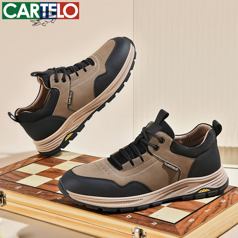 卡帝乐鳄鱼男鞋秋冬季新款男士休闲皮鞋时尚运动休闲鞋百搭舒适旅游鞋子 卡其 5606 41