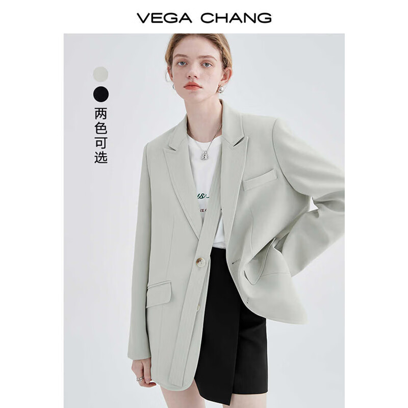 VEGA CHANG小西装女2026年春季新款法式小众宽松显瘦女士西服外套 淡抹茶色 S