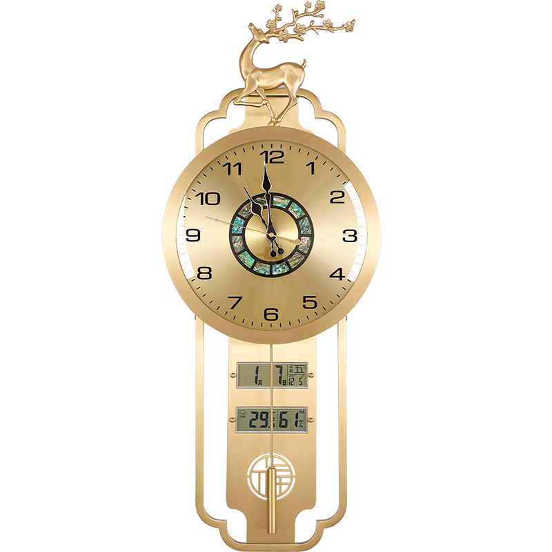 漢時(Hense)黃銅福鹿輕奢掛鐘客廳裝飾擺鐘家用高檔萬年歷掛墻石英鐘表HP3006 福鹿-雙液晶萬年歷