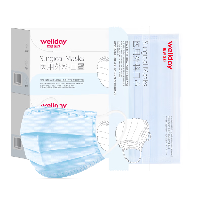 維德（WELLDAY）一次性成人醫用外科口罩三層防護防過(guò)敏透氣滅菌級獨立包裝100只