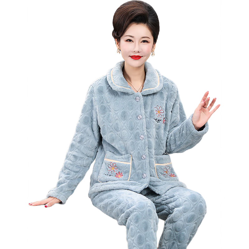 古今（GUJIN）中老年妈妈珊瑚绒睡衣女秋冬季加绒保暖大码可外穿法兰绒家居服